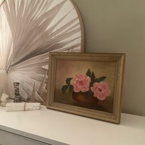Framed Vintage Pink Floral Oil Painting on Canvas